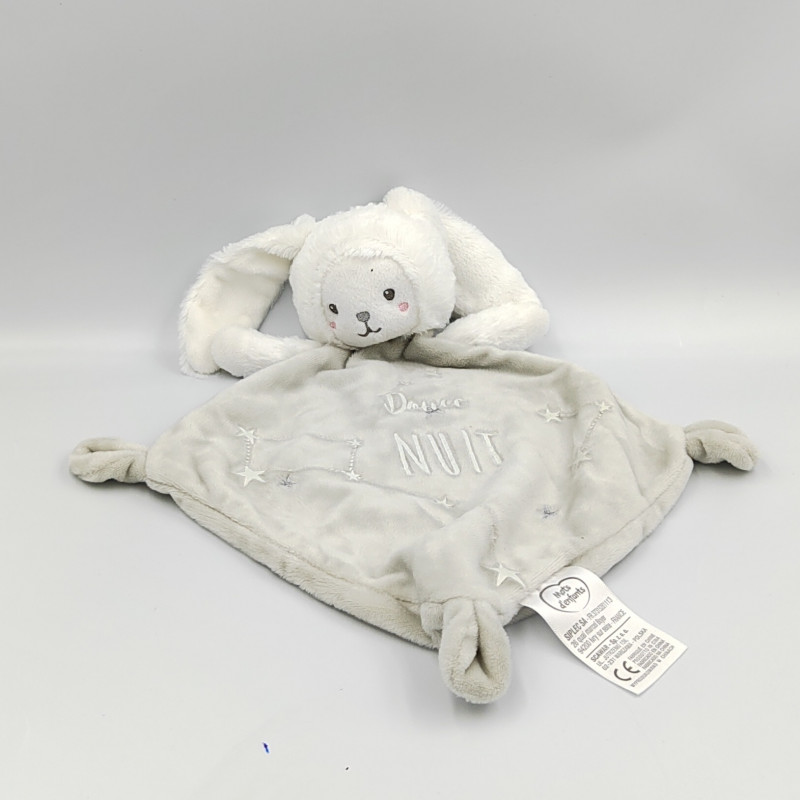 Doudou plat phosphorescent lapin ours gris blanc étoiles Douce nuit MOTS D'ENFANTS