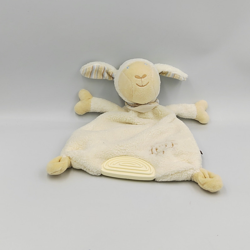 Doudou plat mouton blanc beige bleu rayé soleil BABY FEHN