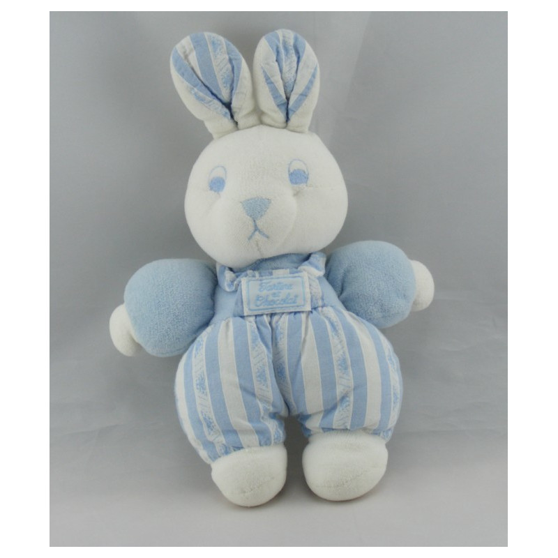 Doudou lapin blanc salopette rayé bleu TARTINE ET CHOCOLAT