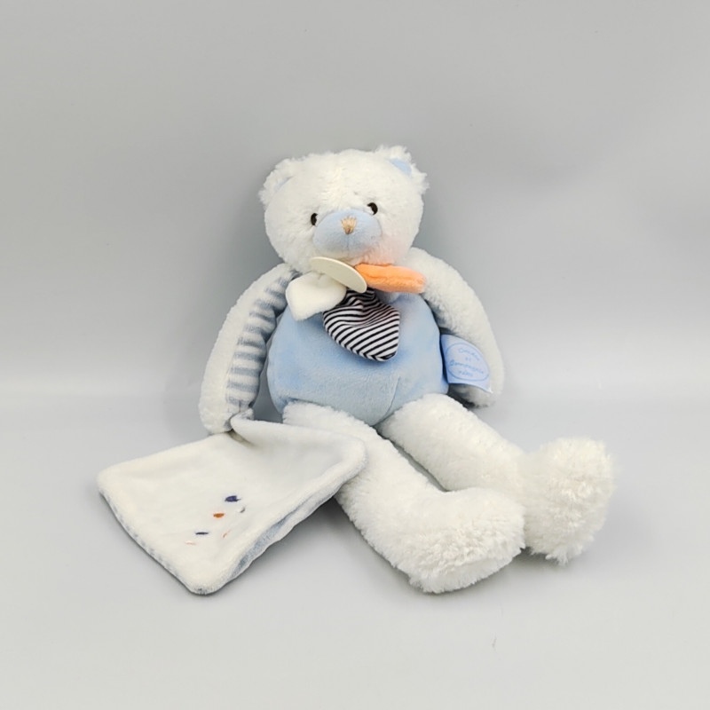 Doudou et compagnie ours blanc bleu orange avec mouchoir Les Gommettes