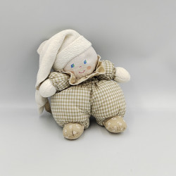 Doudou semi plat lutin blanc beige vichy fleurs Nounours