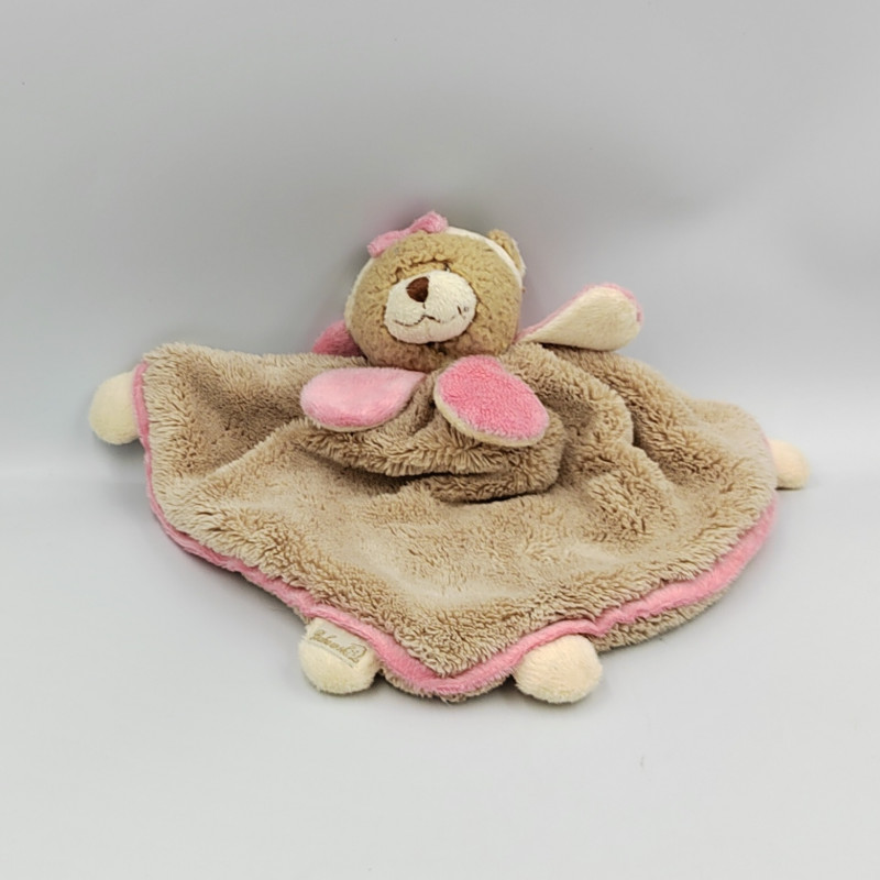 Doudou plat triangle ours beige rose blanc col pétale rose BUKOWSKI