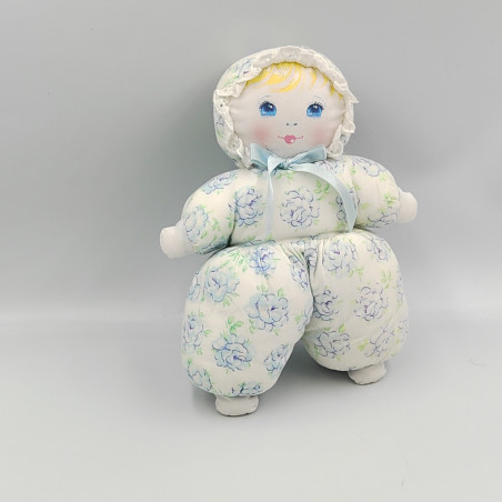 Ancien doudou poupée chiffon tissu blanc bleu vert fleurs MUNDIA
