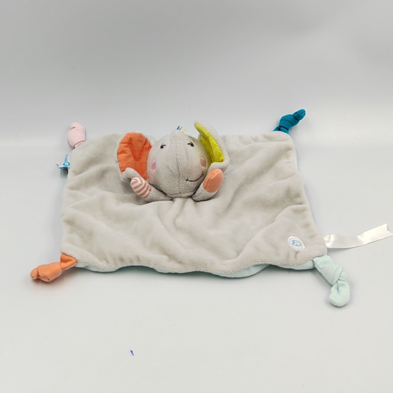 Doudou plat éléphant gris bleu jaune orange BEBE CONFORT