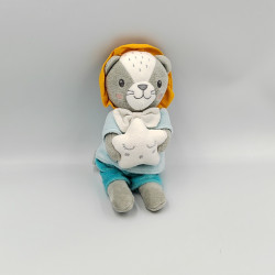 Doudou musical lion bleu gris orange MOTS D'ENFANTS