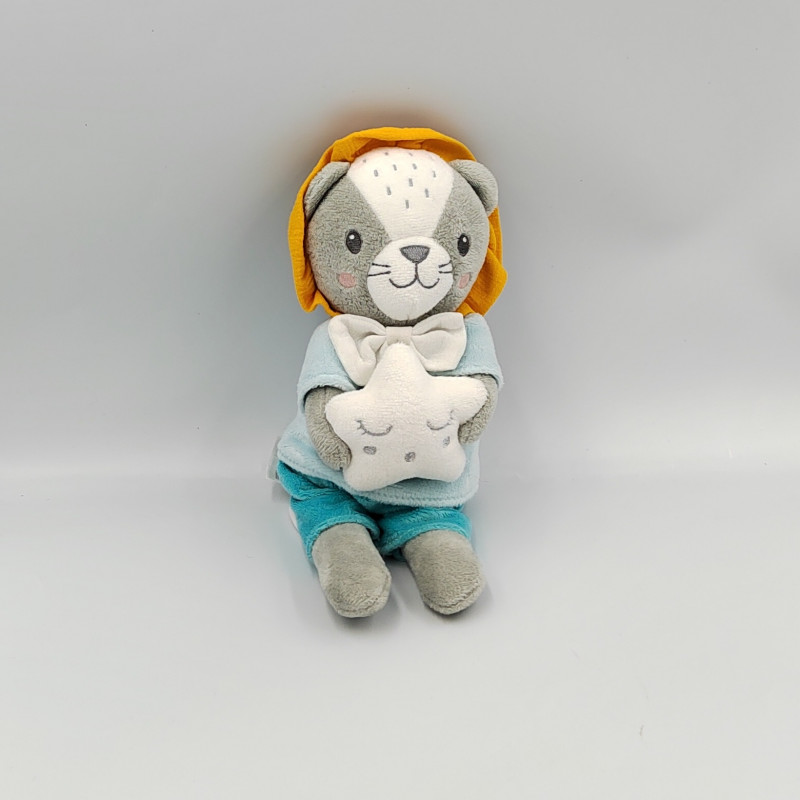 Doudou musical lion bleu gris orange MOTS D'ENFANTS