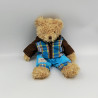 Doudou ours beige tenue bleu marron carreaux HISTOIRE D'OURS