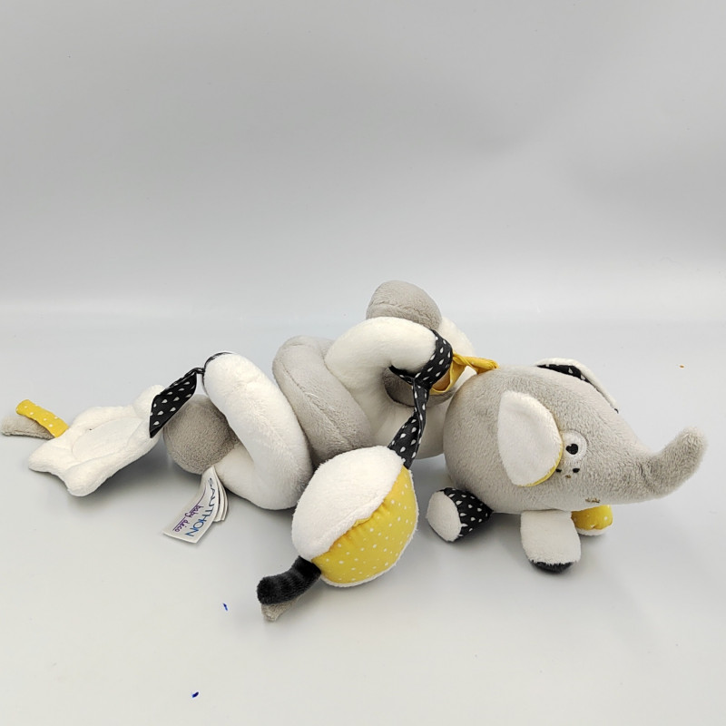 Arche spirale d'activitées Doudou éléphant gris blanc jaune Babyfan grelot SAUTHON