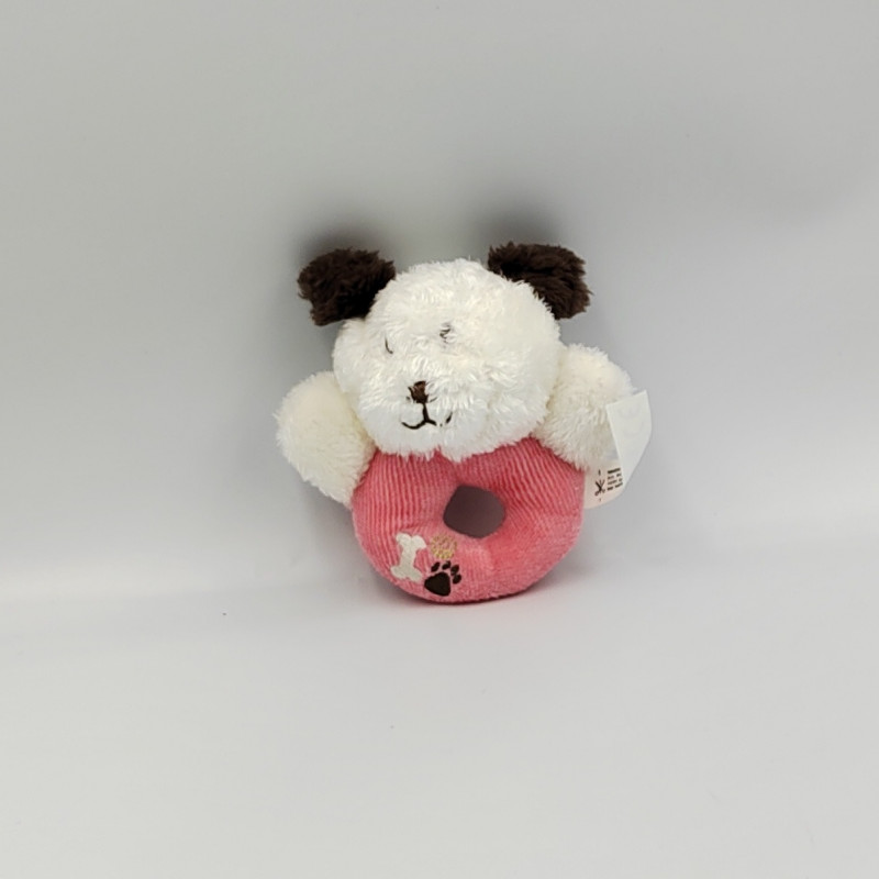 Doudou hochet chien blanc marron rose TENDERTOYS