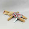 Doudou semi plat lapin beige rouge bleu fleurs coeur LIEF