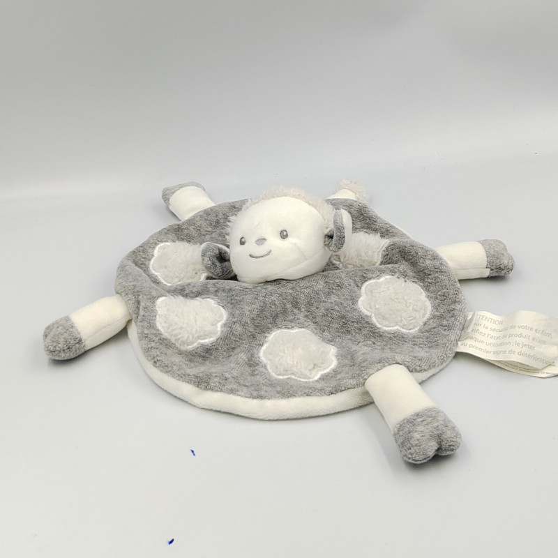 Doudou plat rond mouton gris blanc BRIOCHE