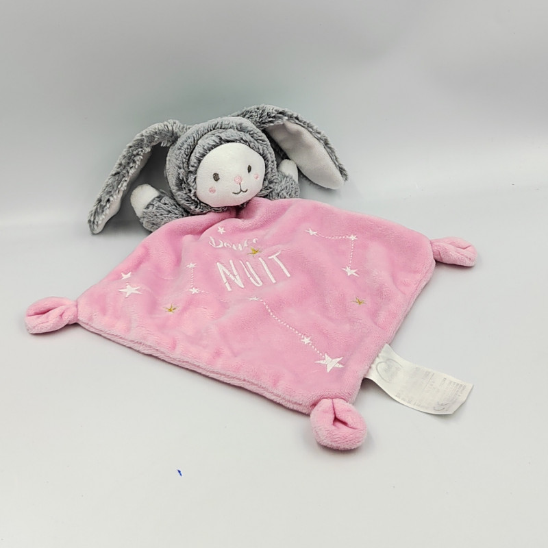 Doudou plat phosphorescent lapin ours gris rose blanc étoiles Douce nuit MOTS D'ENFANTS