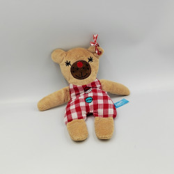 Doudou semi plat ours beige rouge carreaux LIEF
