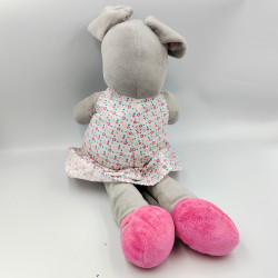 Doudou souris grise robe blanche fleurs LES CHATOUNETS