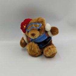 Peluche ours marron pull bleu bonnet rouge FIZZY