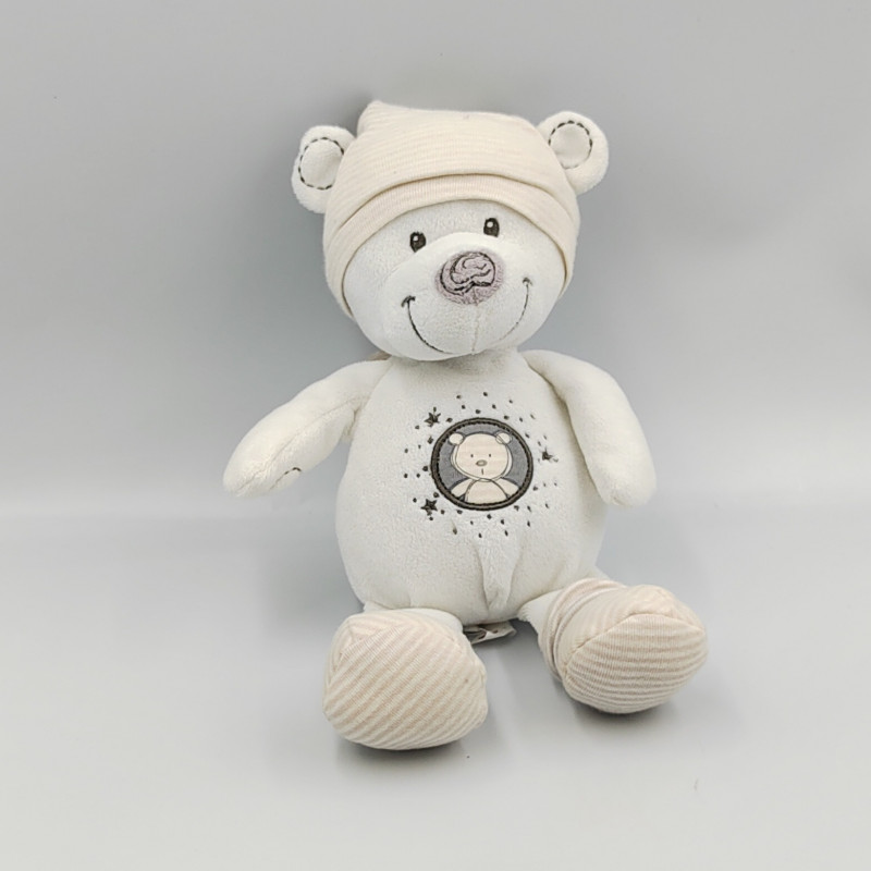 Doudou ours blanc rayé gris beige étoiles NICOTOY