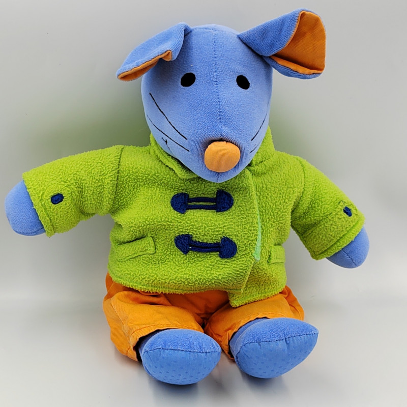 Doudou souris bleu vert orange miroir GRAINE D'EVEIL