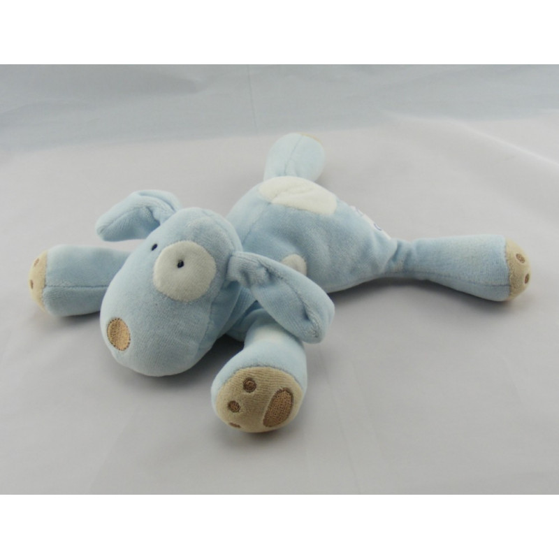 Doudou chien couché bleu cocard blanc OBAIBI