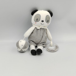 Doudou panda gris blanc pois gris argent hochet balle MOTS D'ENFANTS