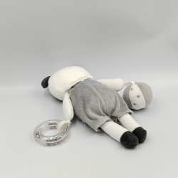 Doudou panda gris blanc pois gris argent hochet balle MOTS D'ENFANTS