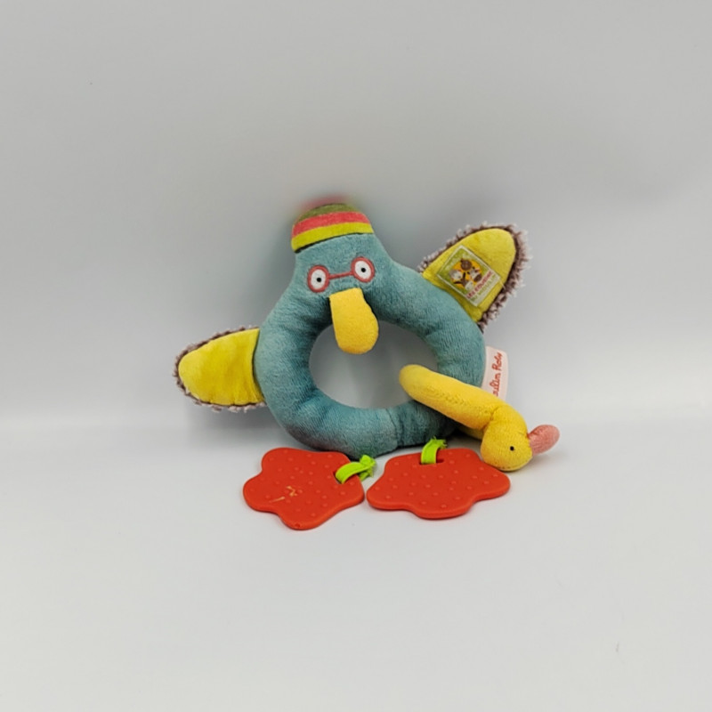 Doudou hochet canard bleu vert les Cousins du Moulin MOULIN ROTY