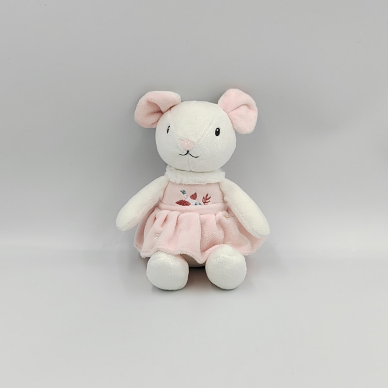 Doudou souris rose blanche fleurs oiseau TEX