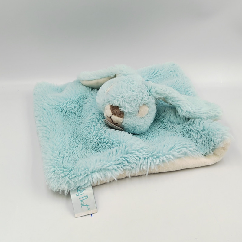 Doudou plat carré lapin bleu blanc Menthe Baby nat