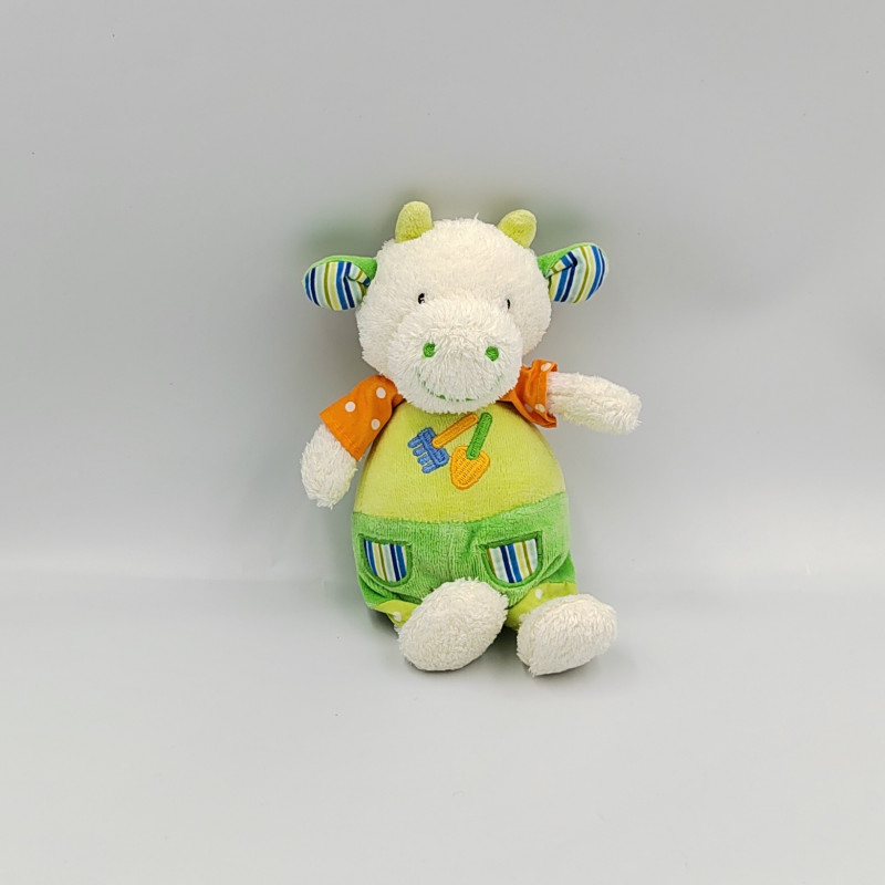 Doudou musical vache verte orange pois pelle rateau BABYSUN