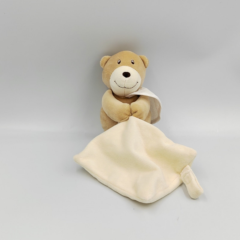 Doudou ours beige blanc bavoir mouchoir DMC