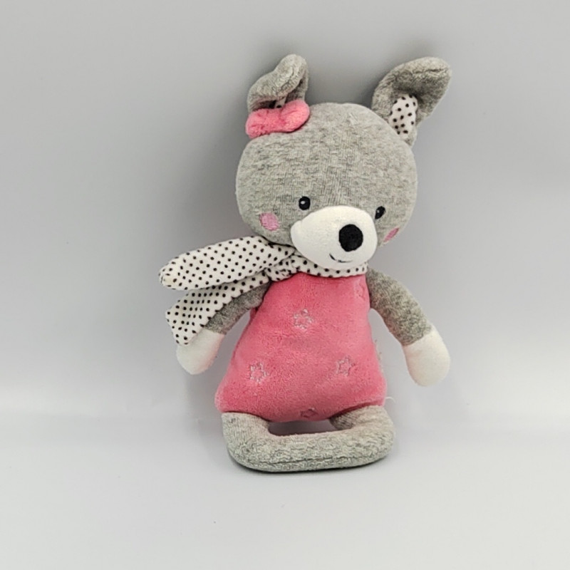 Doudou hochet lapin gris rose pois TEX
