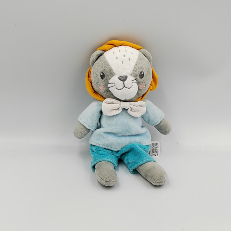 Doudou lion bleu gris orange MOTS D'ENFANTS