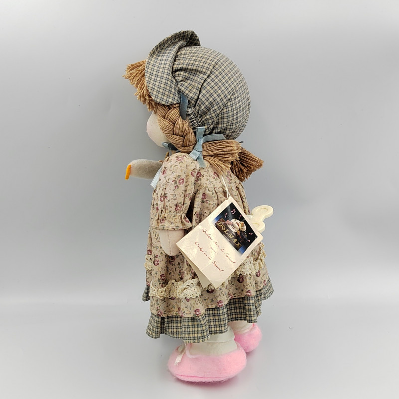 Ancienne poupée chiffon robe rose fleurs tablier blanc