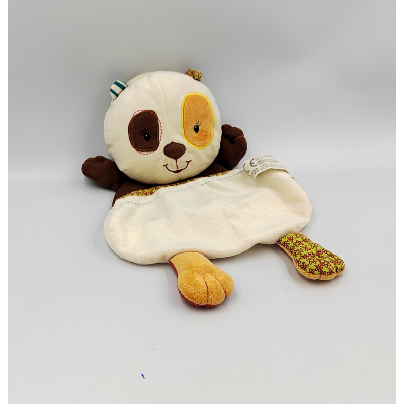 Doudou plat panda Clara marron blanc orange Ecodoux LILLIPUTIENS