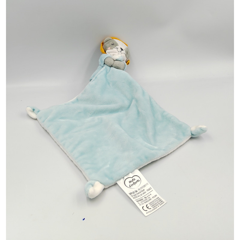 Doudou lion bleu gris orange mouchoir MOTS D'ENFANTS