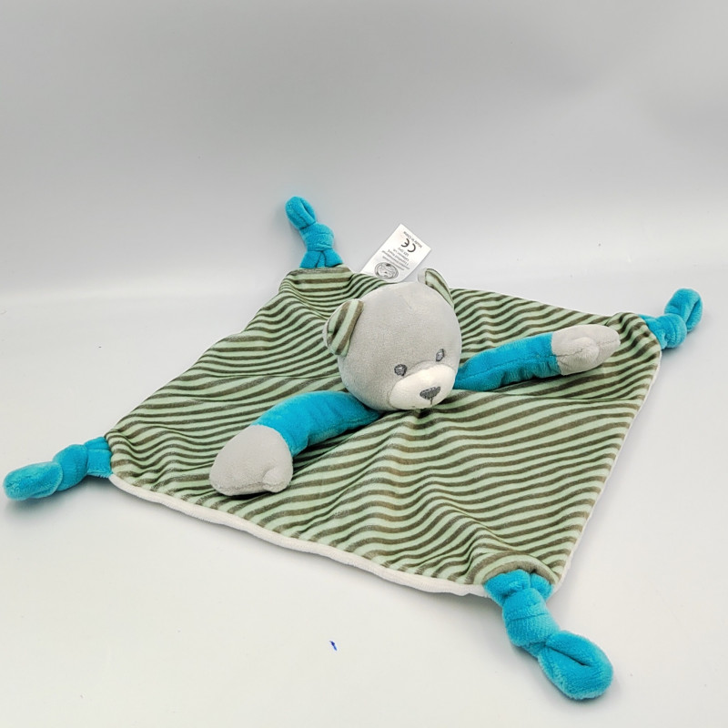 Doudou plat ours bleu blanc rayé SHELDON