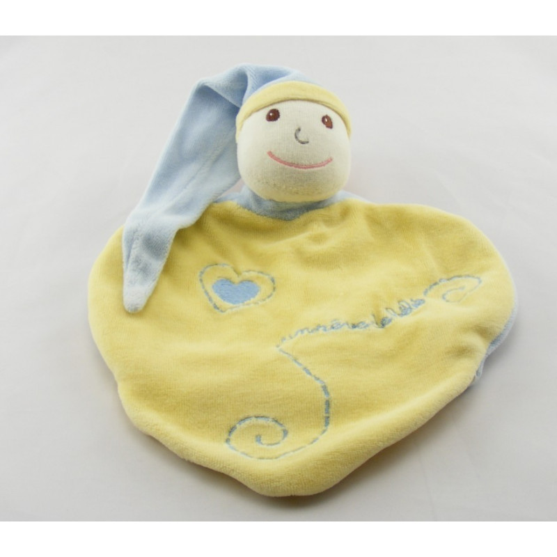 Doudou plat coeur lutin bleu jaune Un Rêve de Bébé