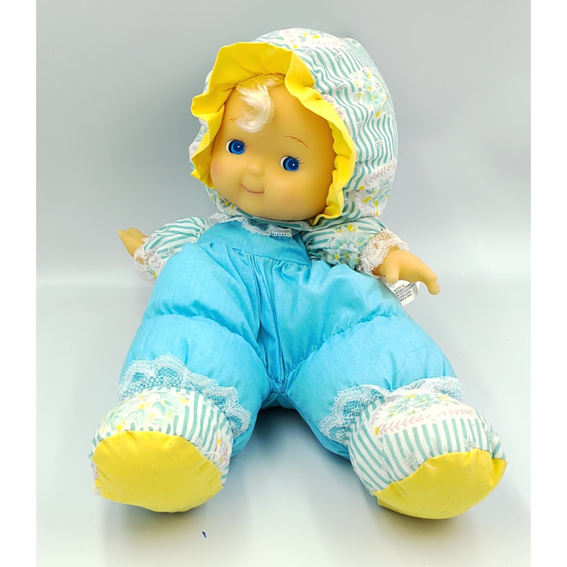 Ancienne poupée chiffon tissu bleu jaune fleurs NICOTOY