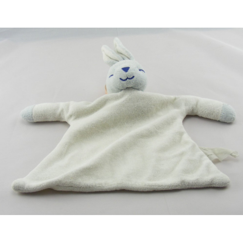 Doudou plat hochet lapin blanc bleu KIMBALOO