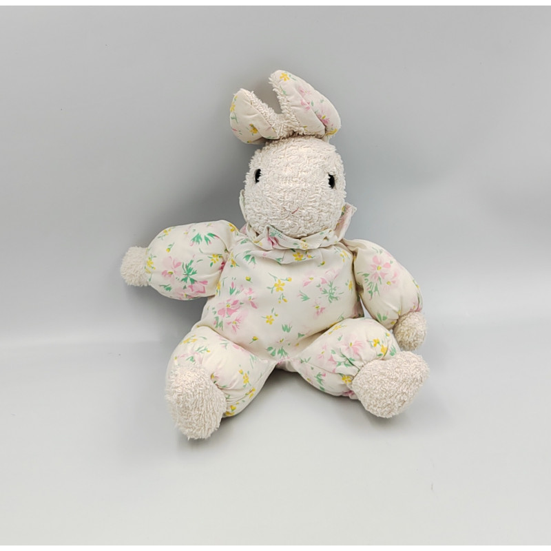 Doudou lapin blanc rose fleurs MINOUCHE