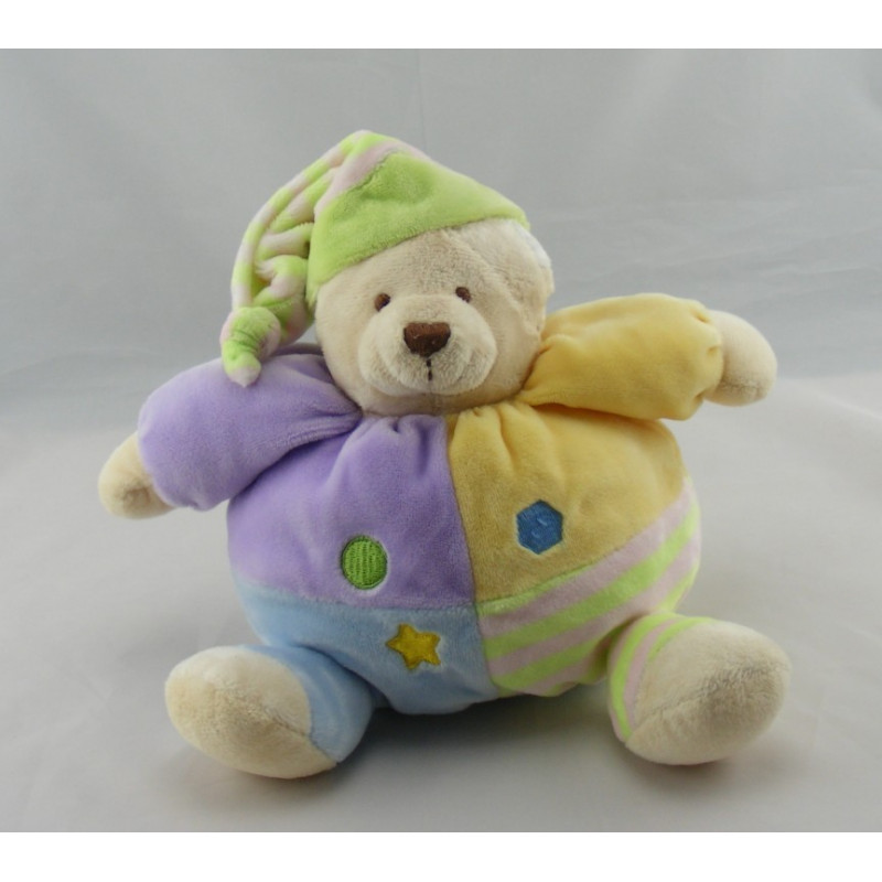 Doudou ours boule mauve vert jaune bleu avec bonnet CMP