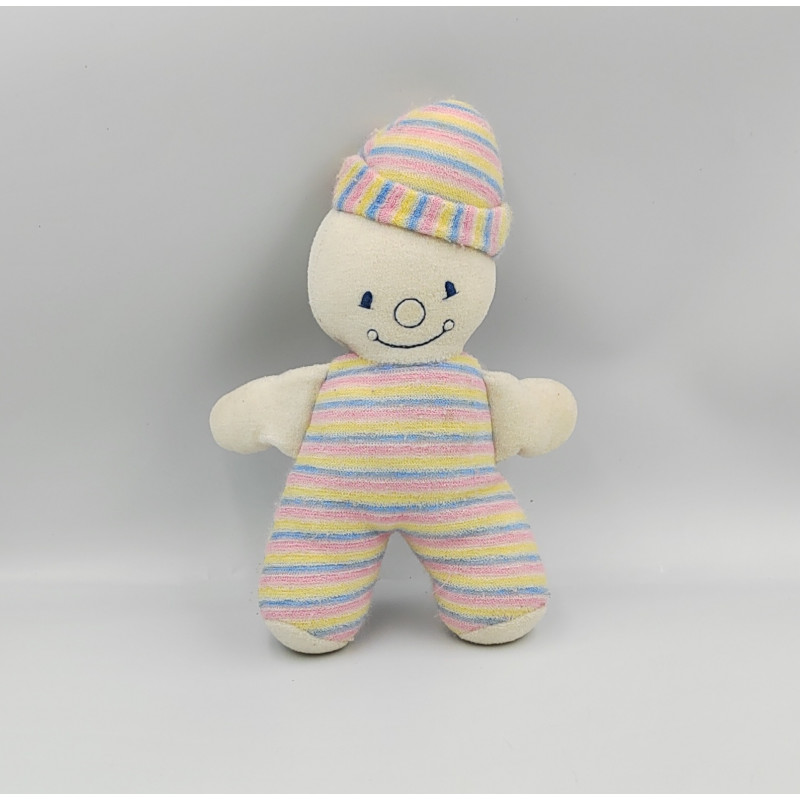 Ancien Doudou clown blanc bleu rose jaune rayé COROLLE