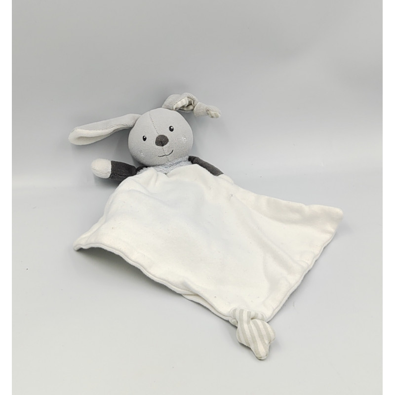 Doudou lapin gris bleu blanc mouchoir cajou SUCRE D'ORGE