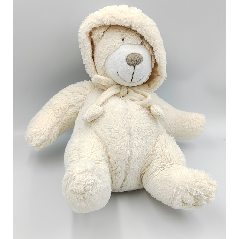 Doudou peluche ours blanc capuche Oscar J-LINE
