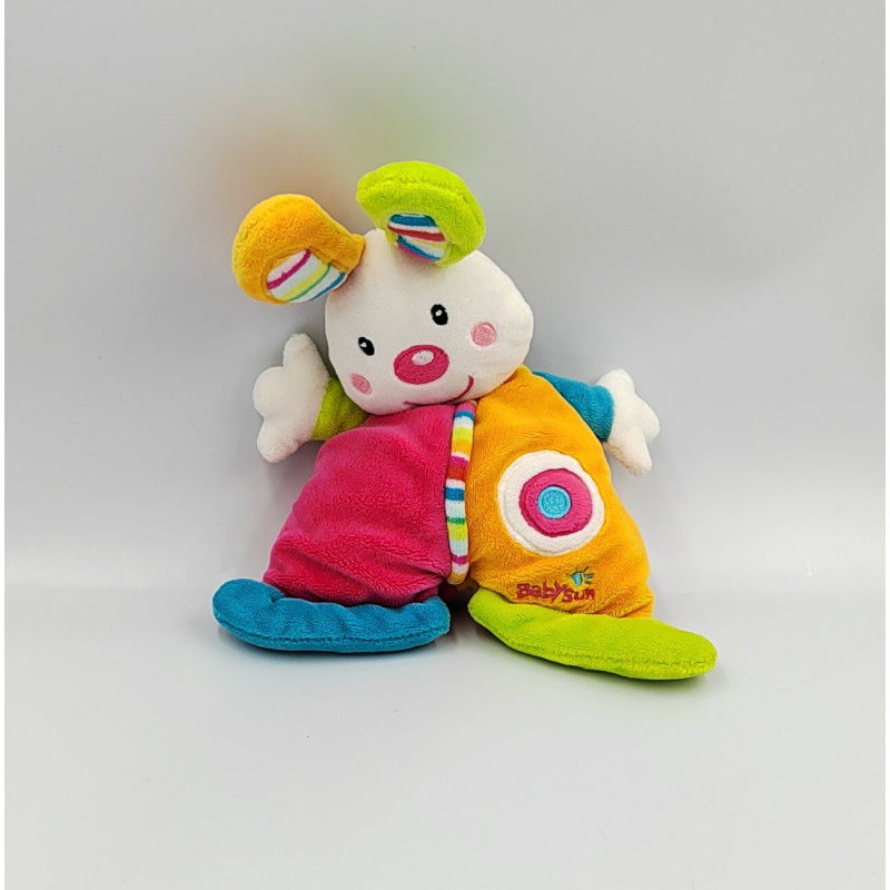 Doudou plat lapin orange rose bleu vert BABYSUN