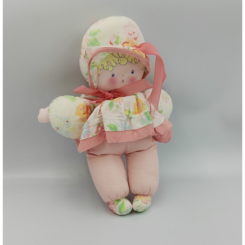 Ancien doudou poupée chiffon rose fleurs COROLLE