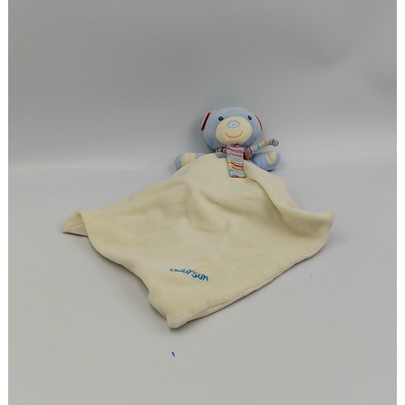 Doudou ours bleu écharpe rayé mouchoir BABYSUN