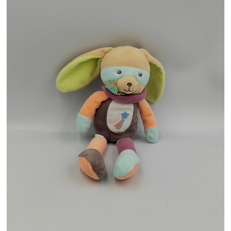 Doudou lapin beige blanc vert orange marron Les Masqués BABY NAT