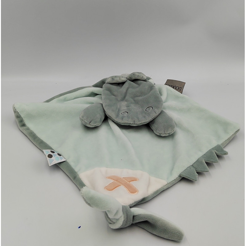 Doudou plat hippopotame bleu vert blanc DOUKIDOU