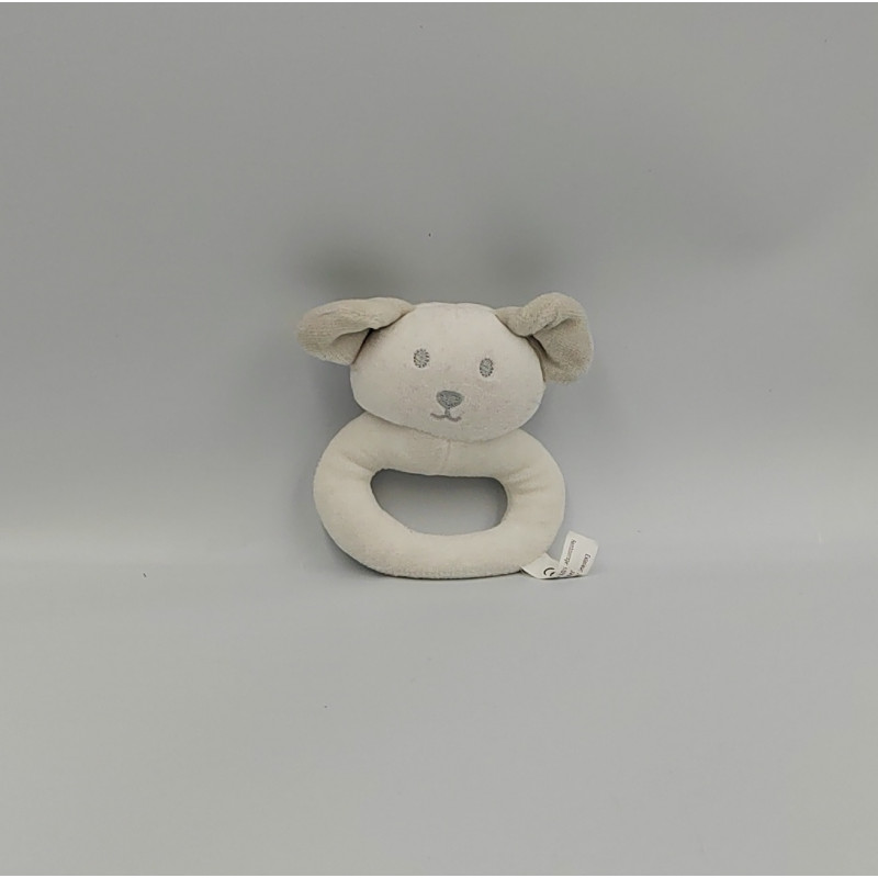Doudou hochet chien blanc gris CARREFOUR