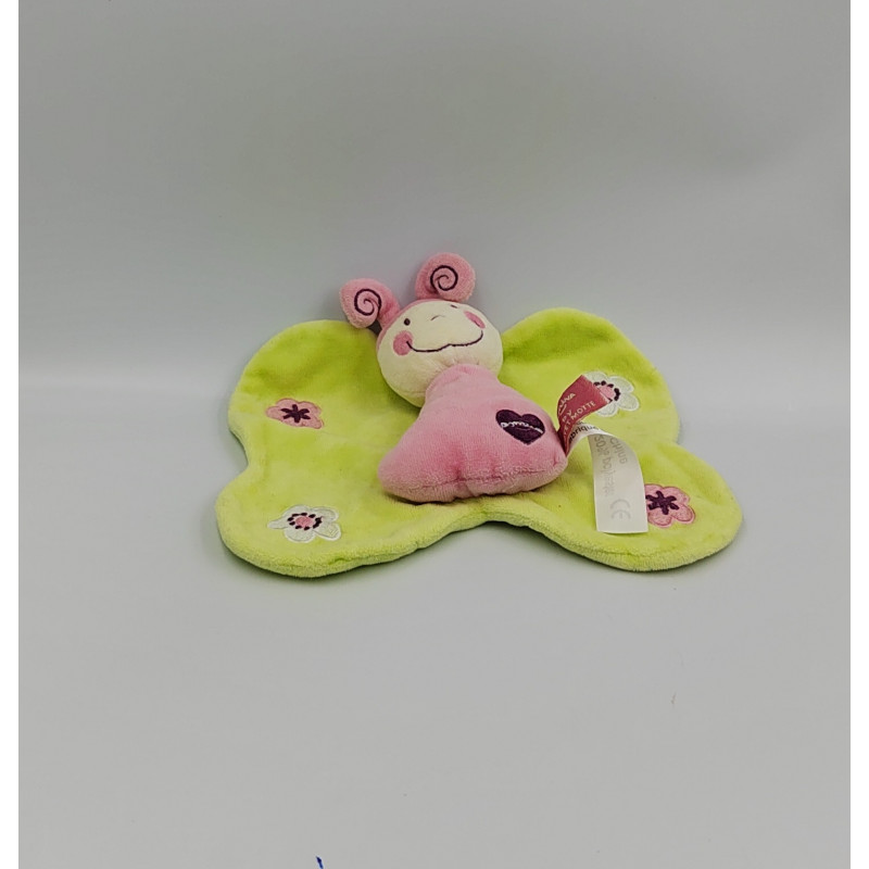 Doudou plat papillon vert rose fleurs DOMIVA